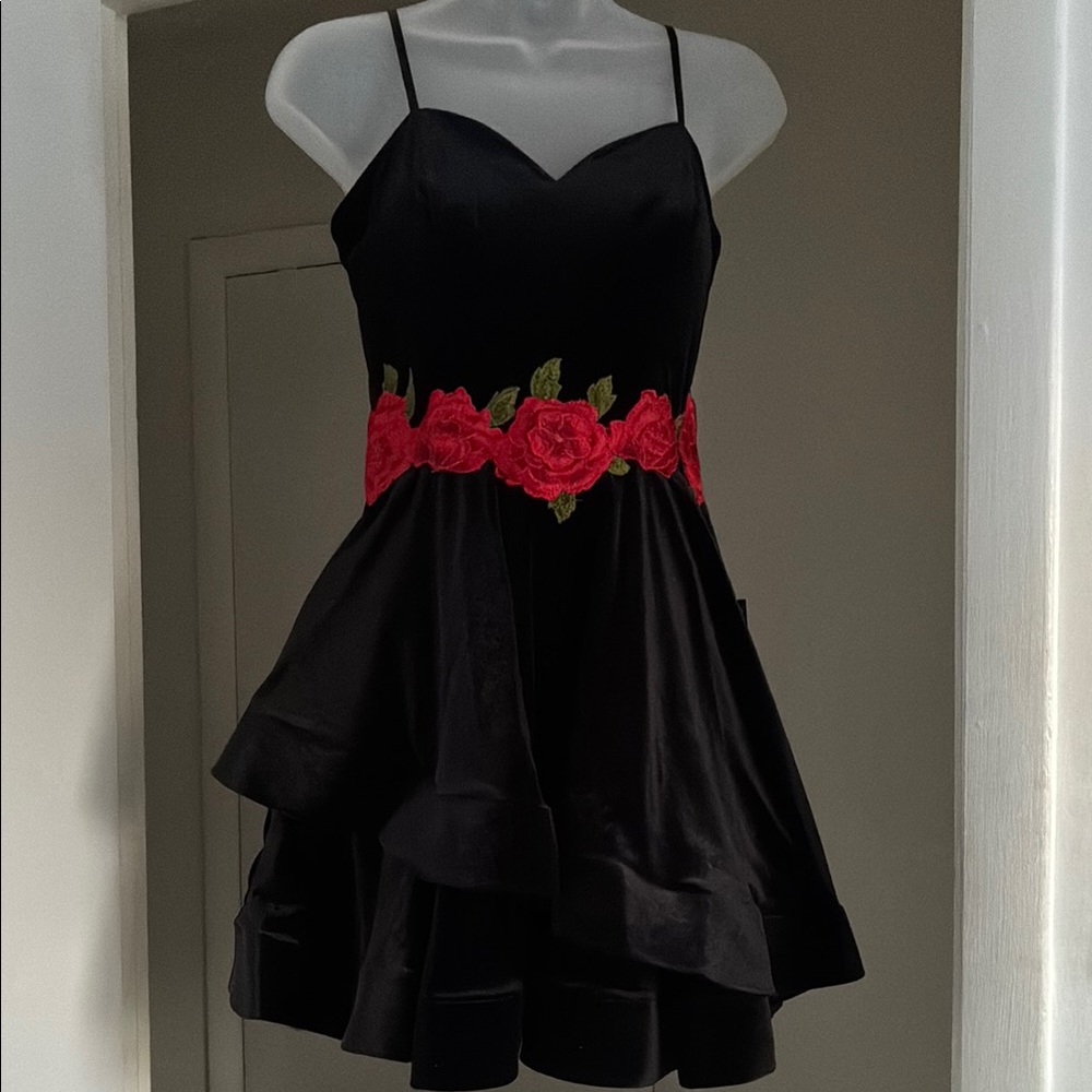 Black Dress with Red Floral Embroidery